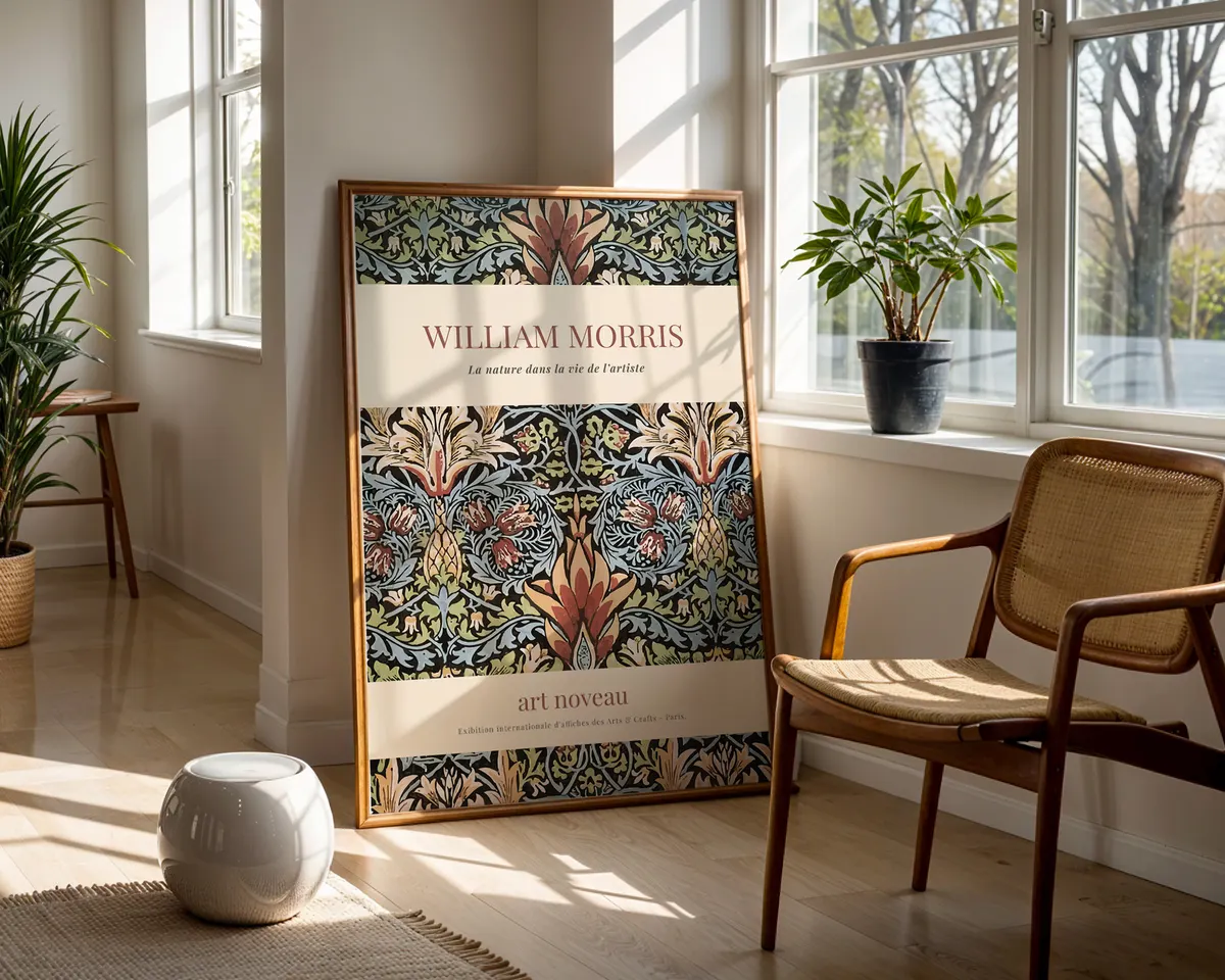 Vintage William Morris style floral poster with intricate botanical pattern in saturated deep greens and burgundy jewel tones. — photo 5