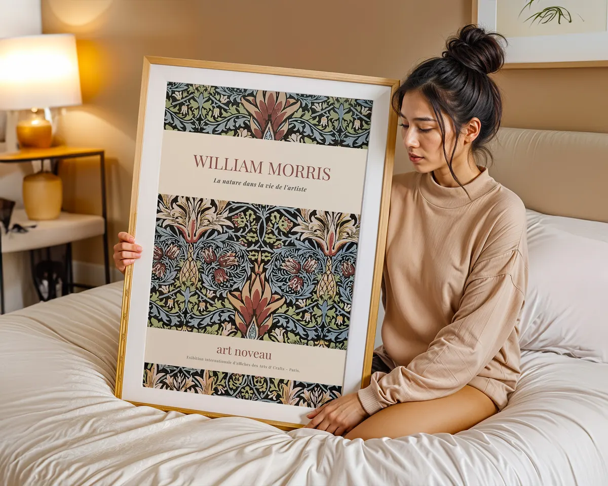 Vintage William Morris style floral poster with intricate botanical pattern in saturated deep greens and burgundy jewel tones. — photo 7
