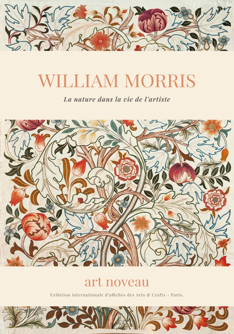 Botanical art nouveau poster in William Morris style with dense leaf and bloom motifs in warm amber and deep green jewel tones.