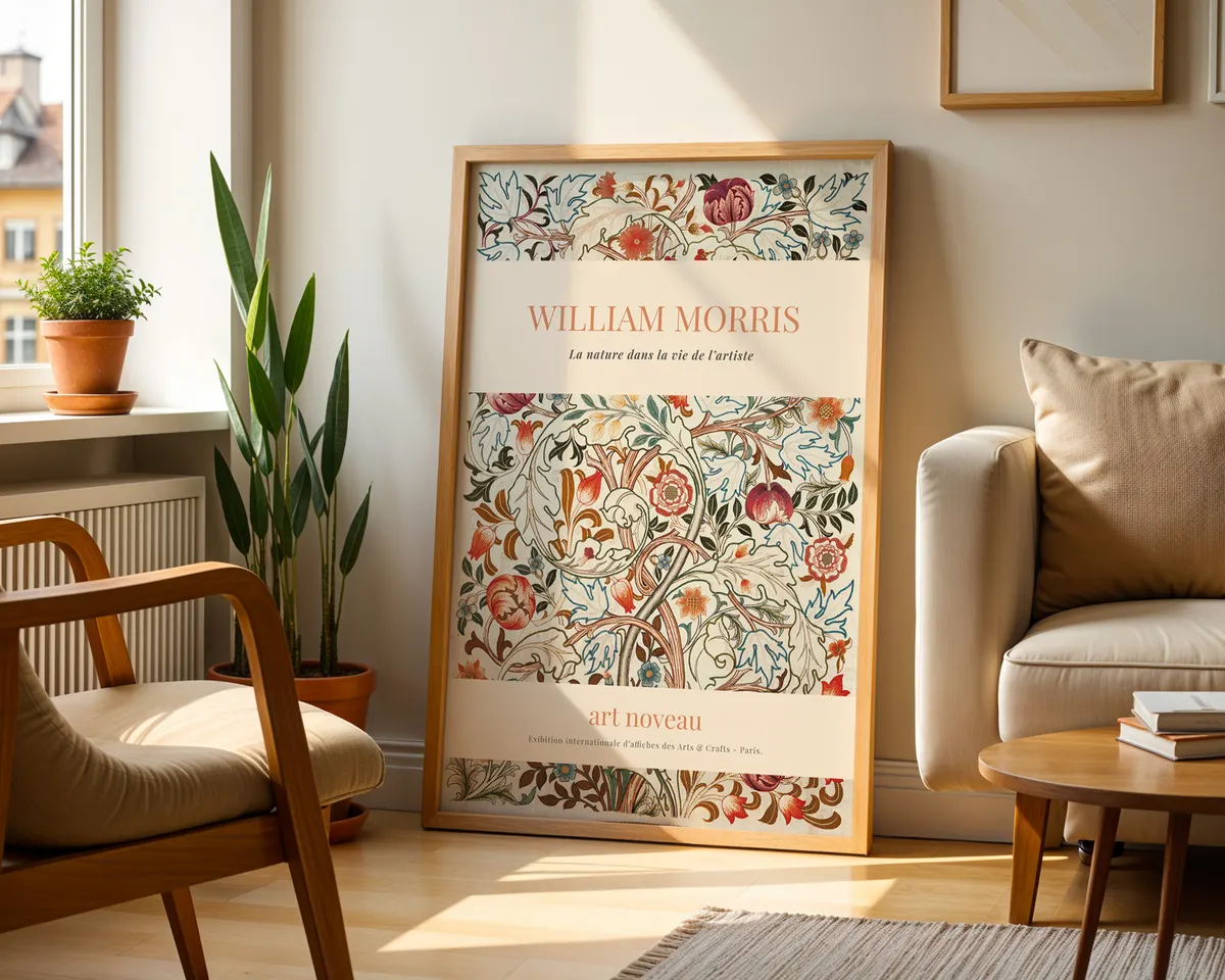 Botanical art nouveau poster in William Morris style with dense leaf and bloom motifs in warm amber and deep green jewel tones. — photo 2