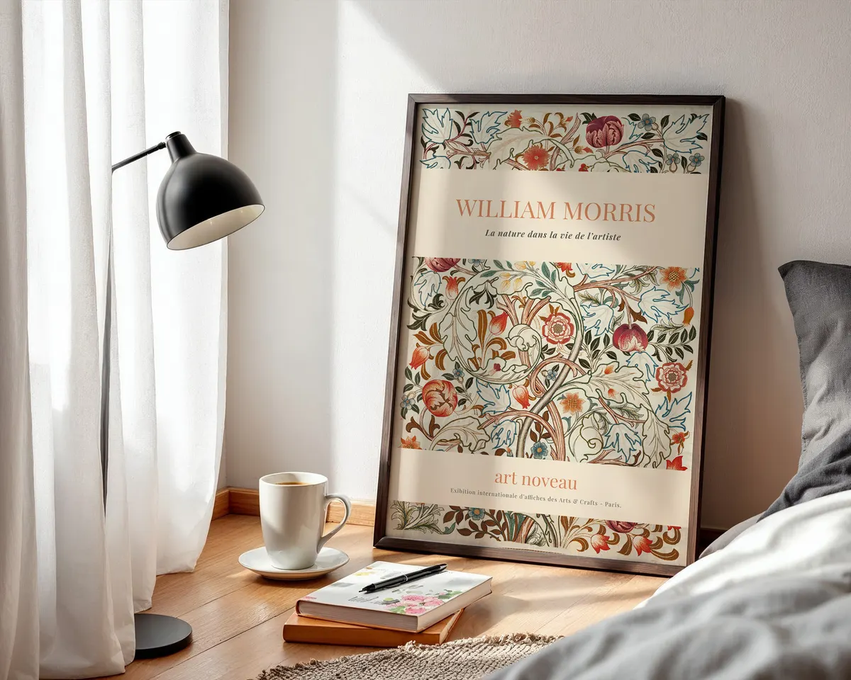Botanical art nouveau poster in William Morris style with dense leaf and bloom motifs in warm amber and deep green jewel tones. — photo 3
