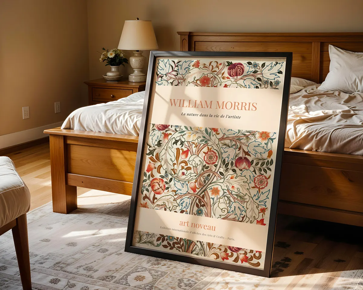 Botanical art nouveau poster in William Morris style with dense leaf and bloom motifs in warm amber and deep green jewel tones. — photo 4