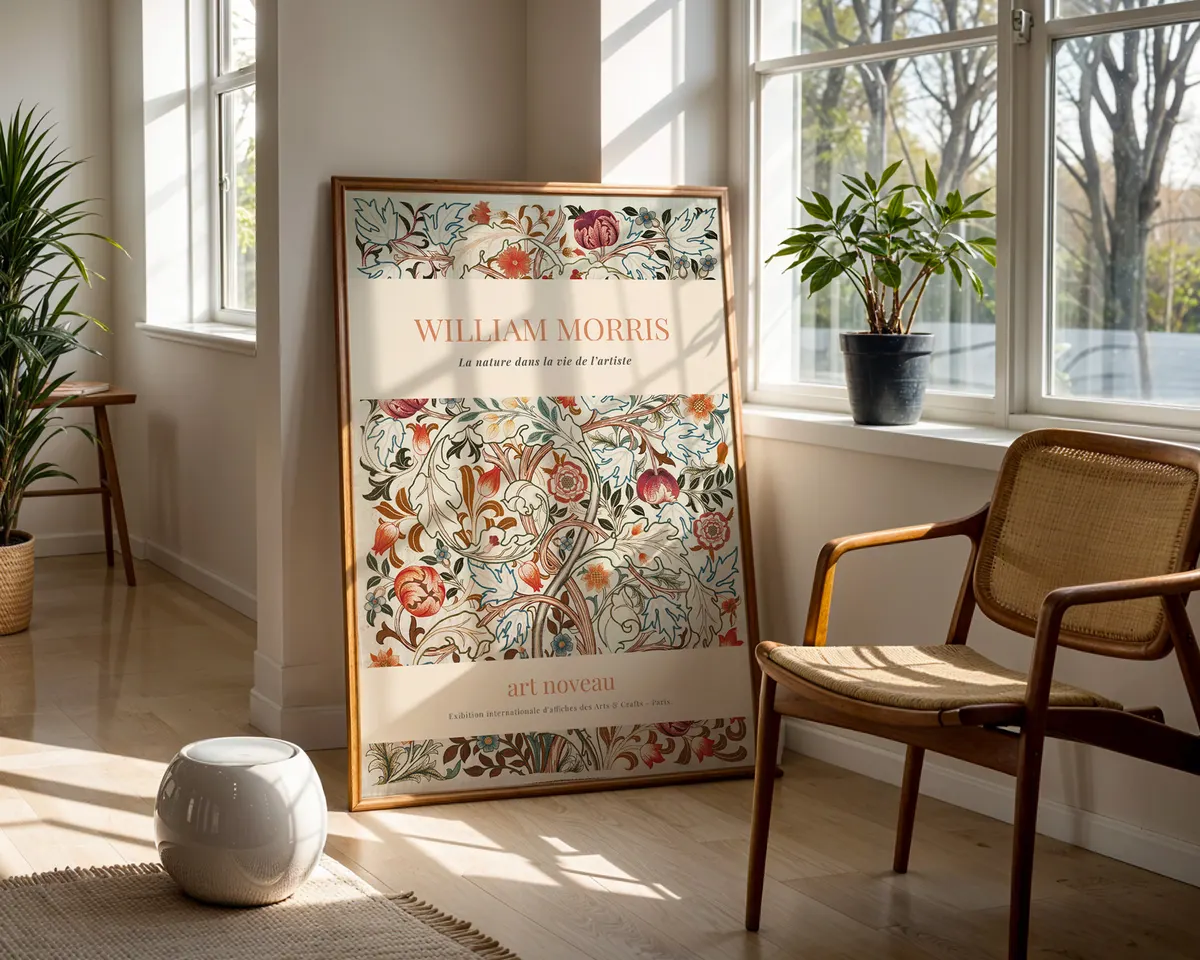 Botanical art nouveau poster in William Morris style with dense leaf and bloom motifs in warm amber and deep green jewel tones. — photo 5