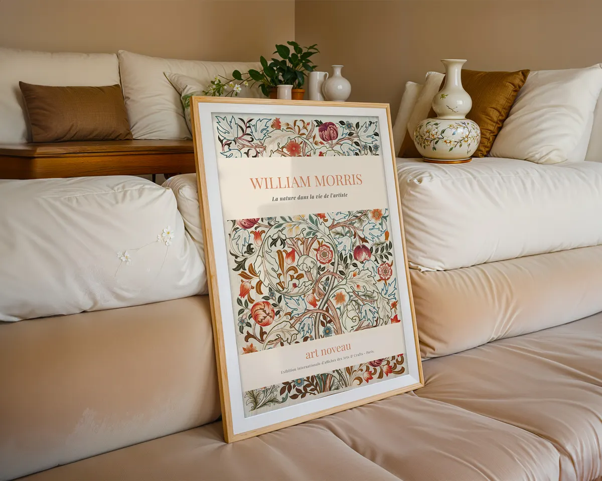 Botanical art nouveau poster in William Morris style with dense leaf and bloom motifs in warm amber and deep green jewel tones. — photo 6