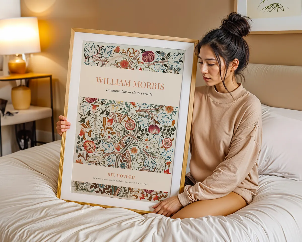 Botanical art nouveau poster in William Morris style with dense leaf and bloom motifs in warm amber and deep green jewel tones. — photo 7