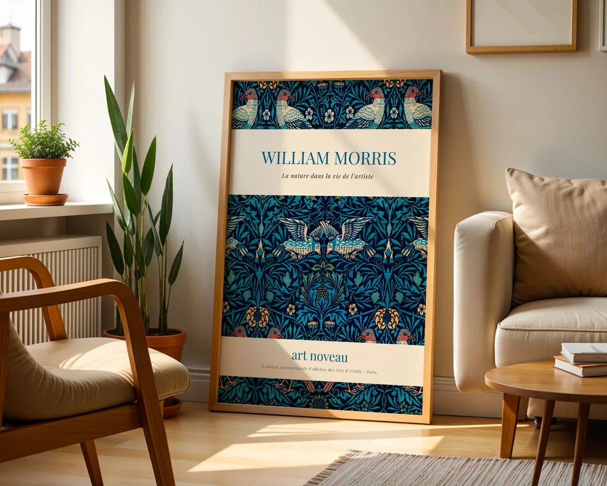 English garden botanical poster in William Morris art nouveau style with interwoven flowers and stems in forest green and golden amber. — photo 2