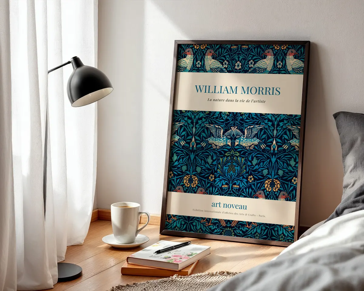 English garden botanical poster in William Morris art nouveau style with interwoven flowers and stems in forest green and golden amber. — photo 3