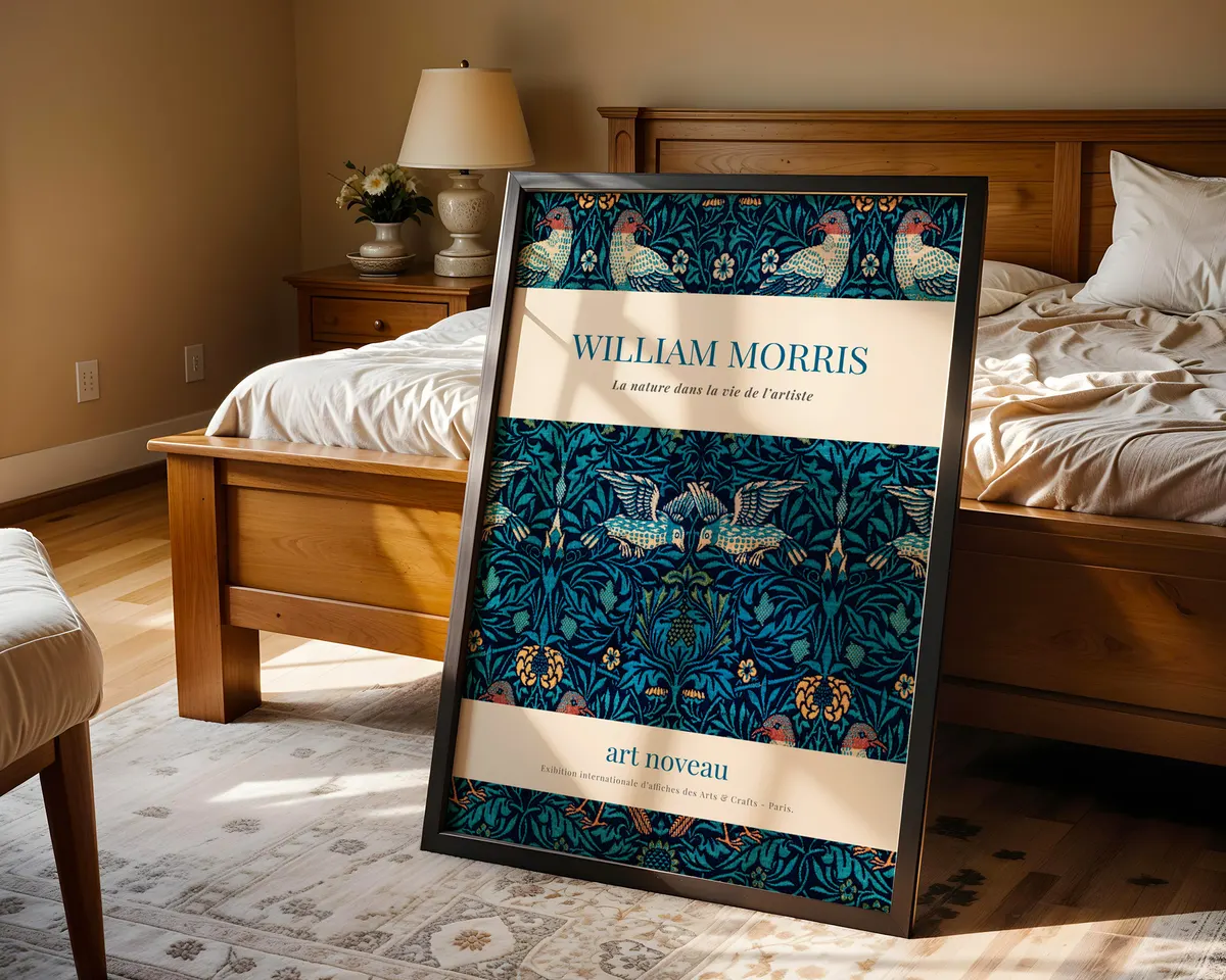 English garden botanical poster in William Morris art nouveau style with interwoven flowers and stems in forest green and golden amber. — photo 4