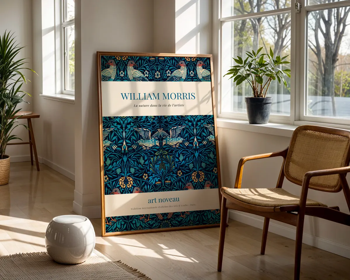 English garden botanical poster in William Morris art nouveau style with interwoven flowers and stems in forest green and golden amber. — photo 5