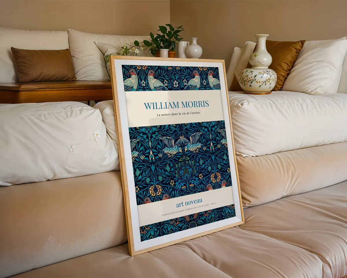 English garden botanical poster in William Morris art nouveau style with interwoven flowers and stems in forest green and golden amber. — photo 6