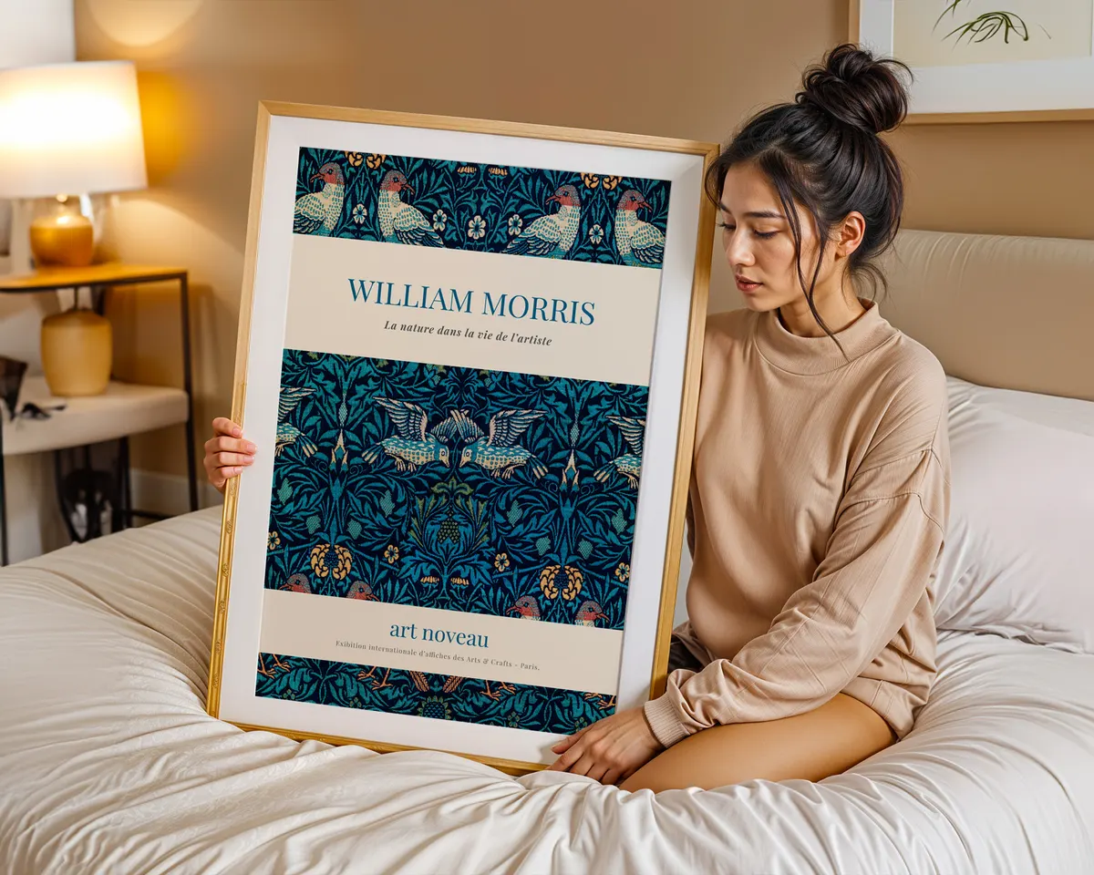 English garden botanical poster in William Morris art nouveau style with interwoven flowers and stems in forest green and golden amber. — photo 7