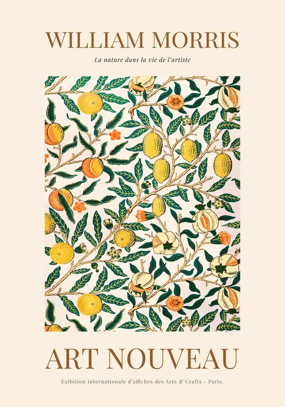 Cottagecore botanical poster in William Morris style with romantic Victorian garden blooms in muted jewel tones on a warm ground.