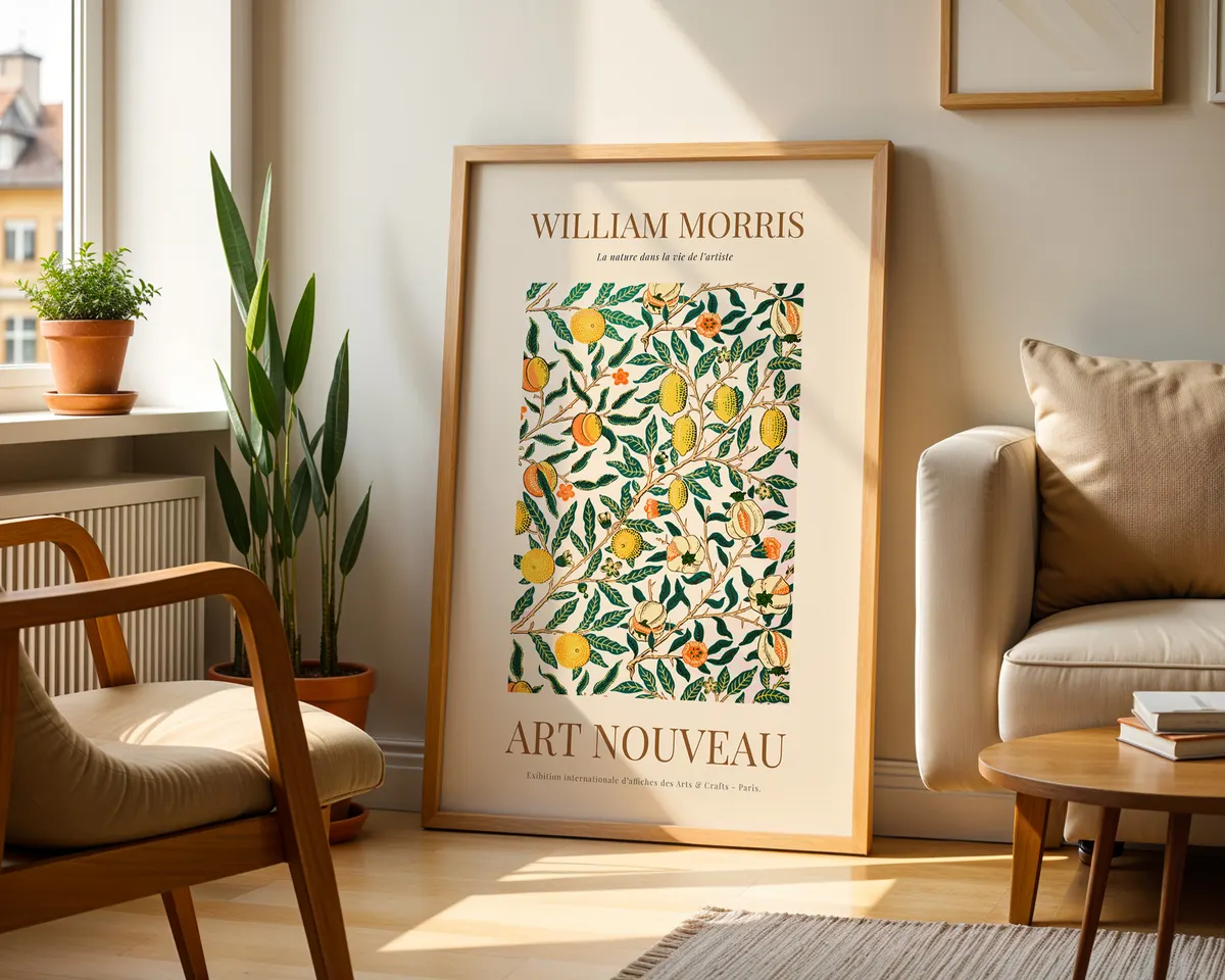 Cottagecore botanical poster in William Morris style with romantic Victorian garden blooms in muted jewel tones on a warm ground. — photo 2
