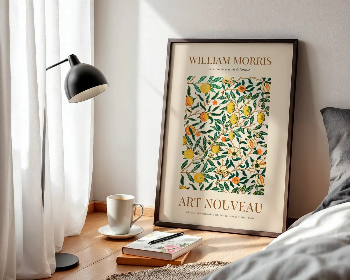 Cottagecore botanical poster in William Morris style with romantic Victorian garden blooms in muted jewel tones on a warm ground. — photo 3