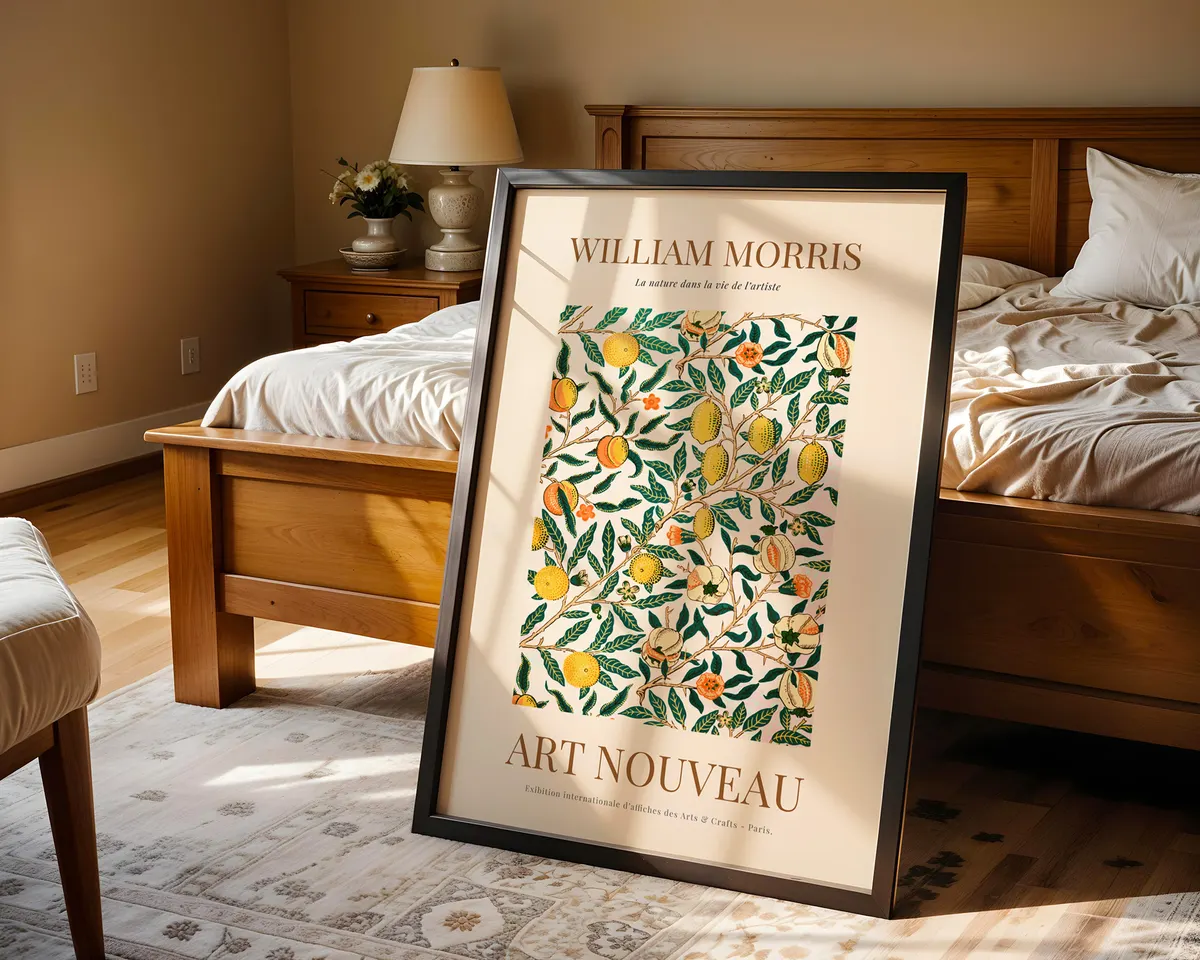 Cottagecore botanical poster in William Morris style with romantic Victorian garden blooms in muted jewel tones on a warm ground. — photo 4