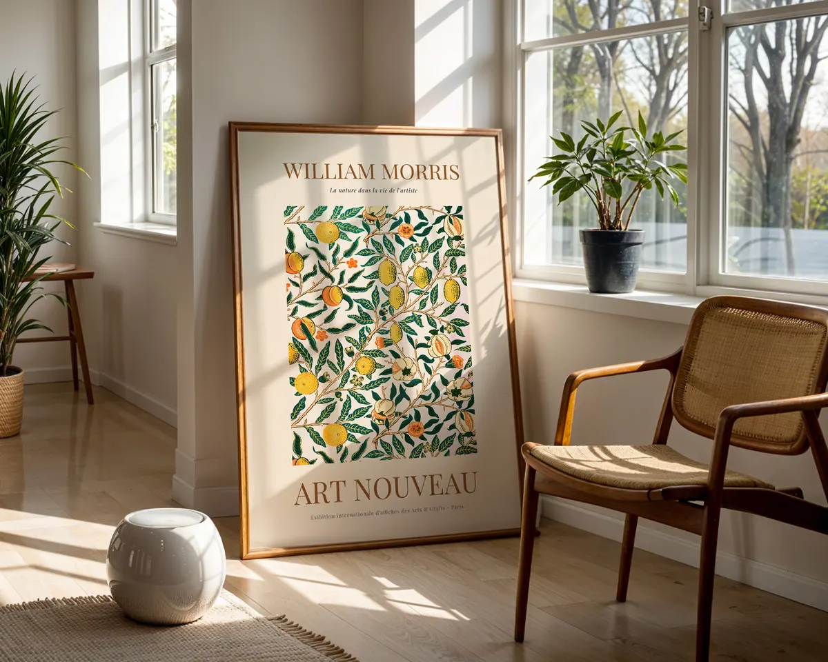 Cottagecore botanical poster in William Morris style with romantic Victorian garden blooms in muted jewel tones on a warm ground. — photo 5