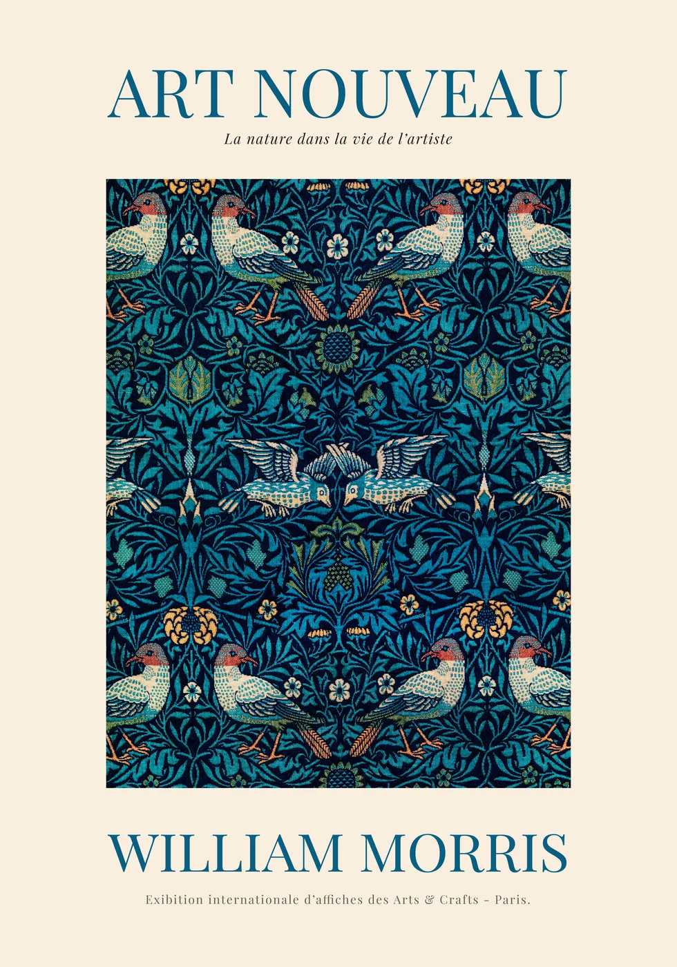 Victorian pattern poster in William Morris style with a dense vertical botanical composition in jewel tones and warm browns.