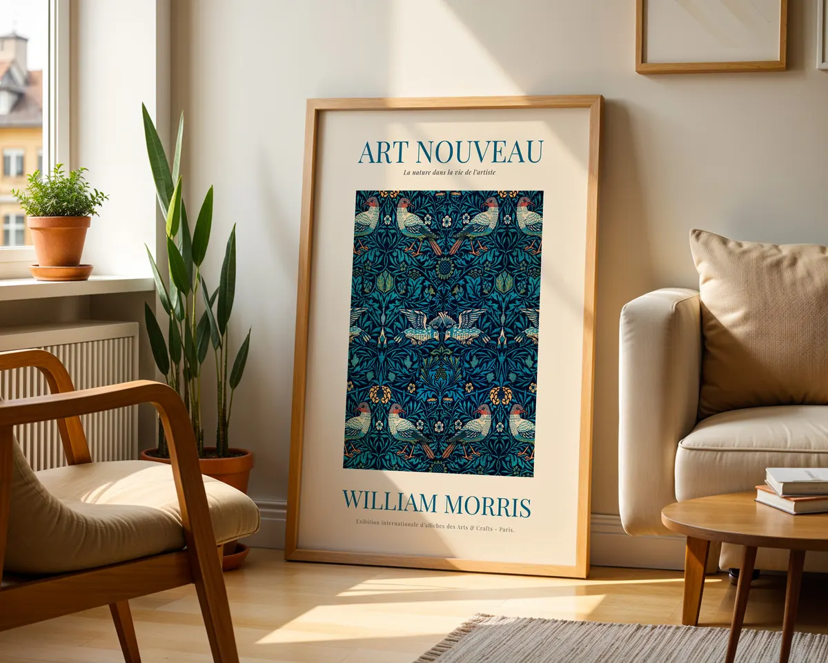 Victorian pattern poster in William Morris style with a dense vertical botanical composition in jewel tones and warm browns. — photo 2
