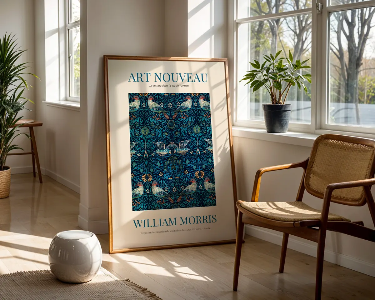 Victorian pattern poster in William Morris style with a dense vertical botanical composition in jewel tones and warm browns. — photo 5