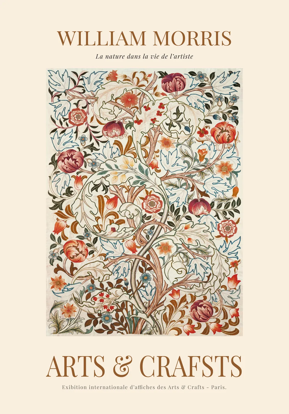 William Morris style botanical illustration poster with intricate Victorian leaf and flower repeats in rich green and terracotta tones.