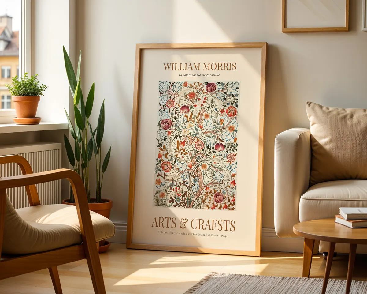 William Morris style botanical illustration poster with intricate Victorian leaf and flower repeats in rich green and terracotta tones. — photo 2