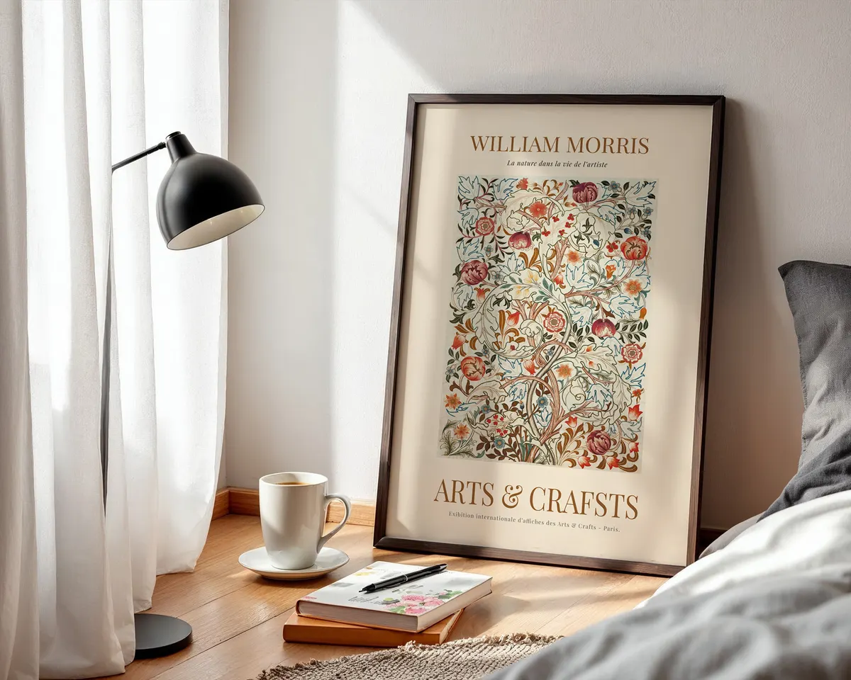 William Morris style botanical illustration poster with intricate Victorian leaf and flower repeats in rich green and terracotta tones. — photo 3