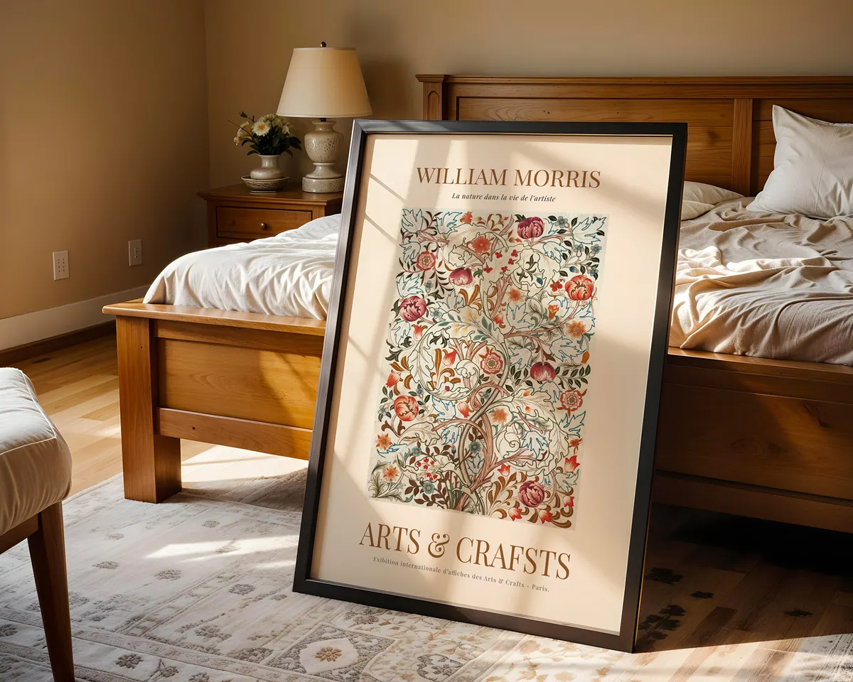 William Morris style botanical illustration poster with intricate Victorian leaf and flower repeats in rich green and terracotta tones. — photo 4