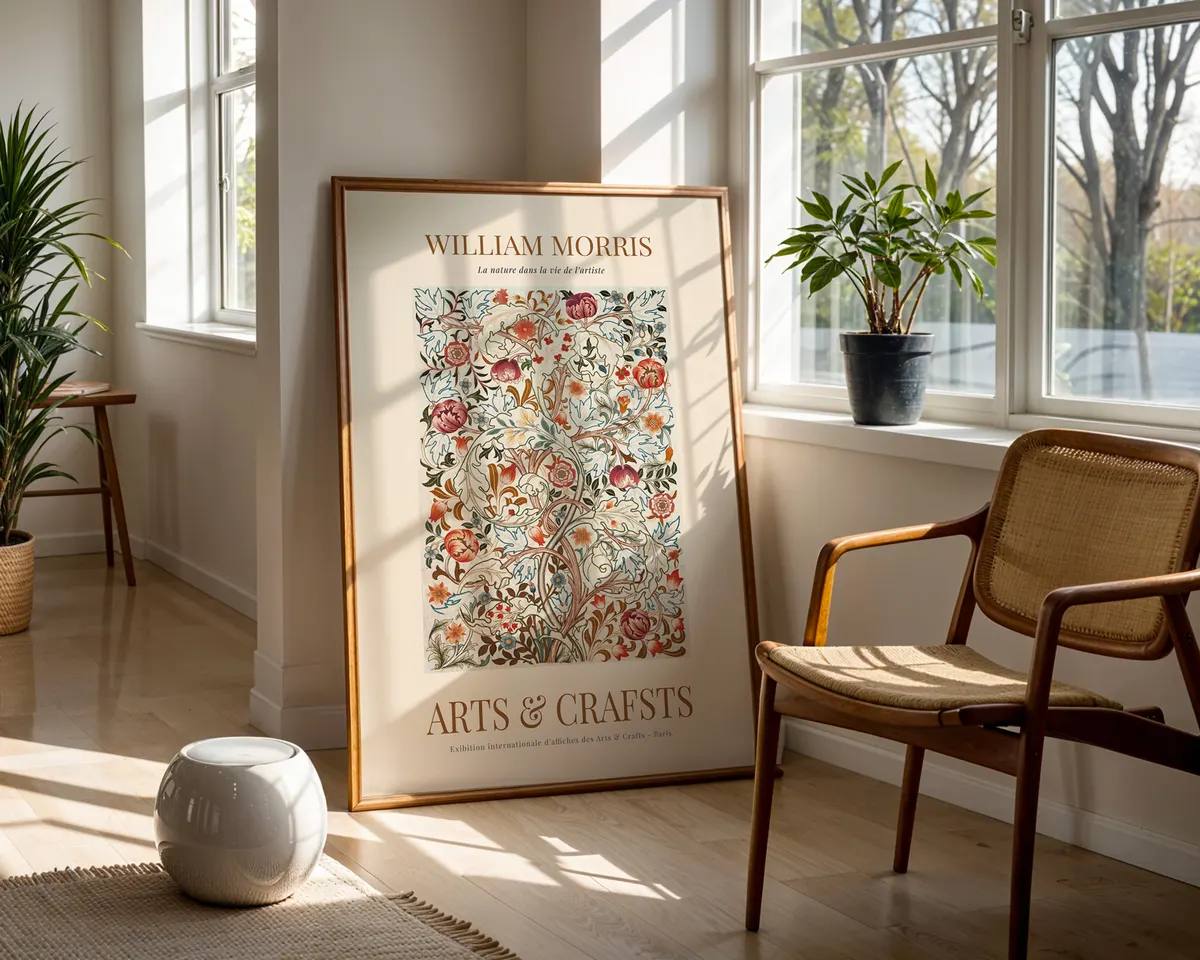 William Morris style botanical illustration poster with intricate Victorian leaf and flower repeats in rich green and terracotta tones. — photo 5