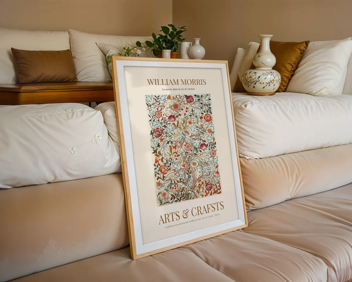 William Morris style botanical illustration poster with intricate Victorian leaf and flower repeats in rich green and terracotta tones. — photo 6