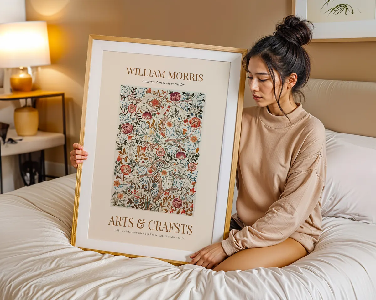 William Morris style botanical illustration poster with intricate Victorian leaf and flower repeats in rich green and terracotta tones. — photo 7