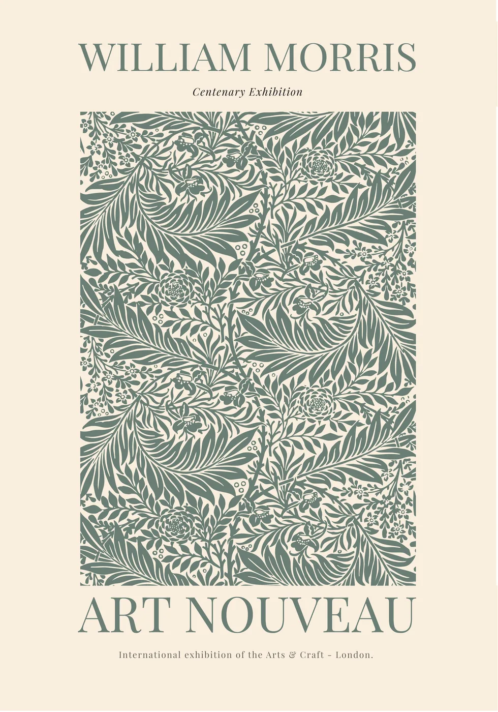 Art nouveau English garden poster in William Morris style with ornate layered flowers and leaves in warm amber and deep green.