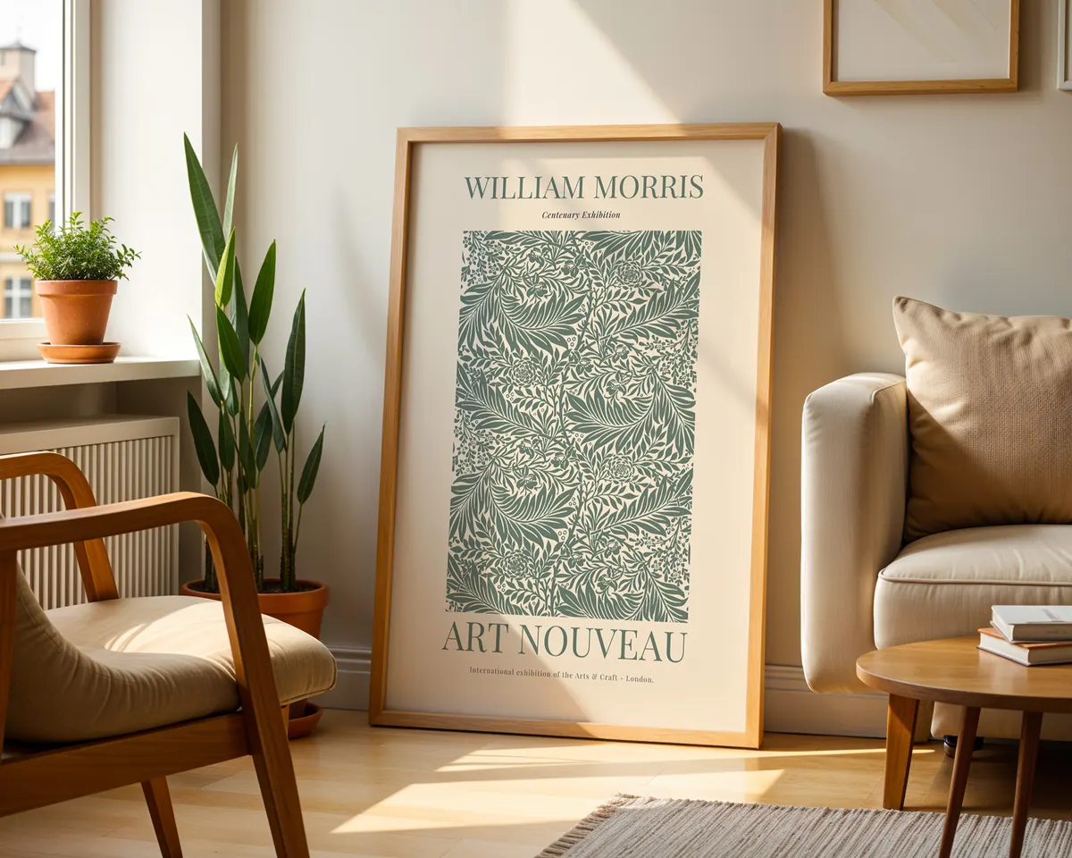 Art nouveau English garden poster in William Morris style with ornate layered flowers and leaves in warm amber and deep green. — photo 2