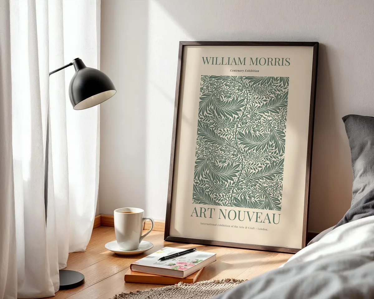 Art nouveau English garden poster in William Morris style with ornate layered flowers and leaves in warm amber and deep green. — photo 3