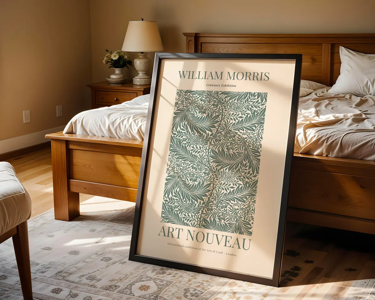 Art nouveau English garden poster in William Morris style with ornate layered flowers and leaves in warm amber and deep green. — photo 4