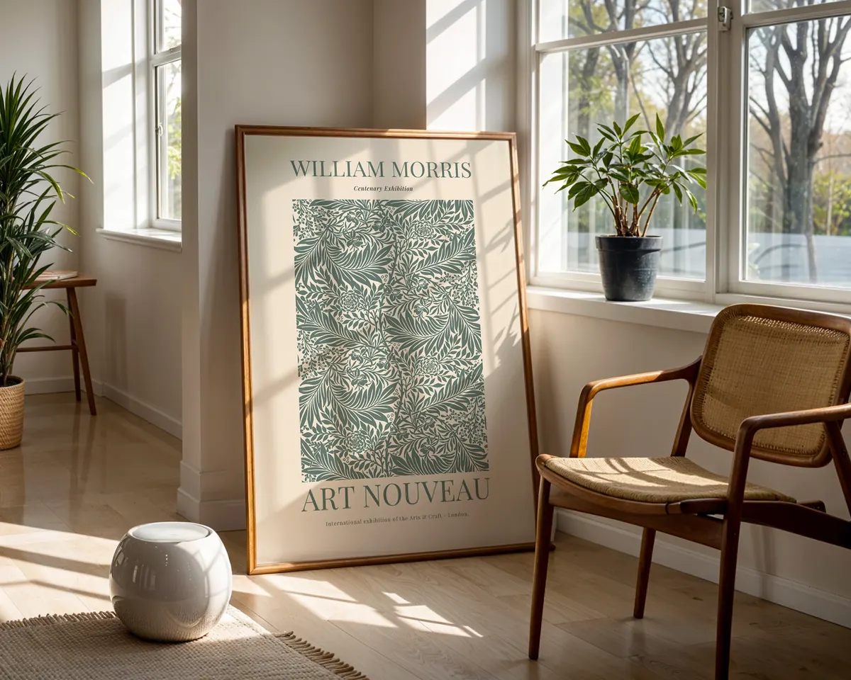 Art nouveau English garden poster in William Morris style with ornate layered flowers and leaves in warm amber and deep green. — photo 5