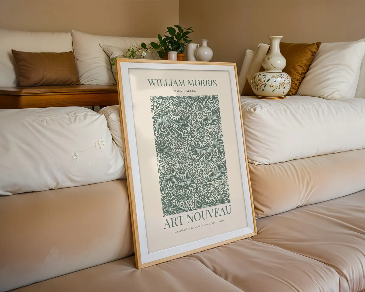 Art nouveau English garden poster in William Morris style with ornate layered flowers and leaves in warm amber and deep green. — photo 6