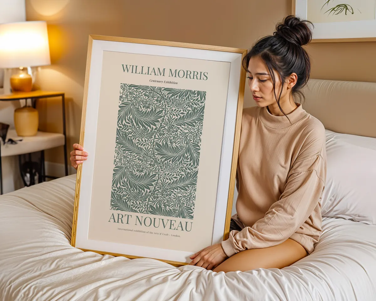 Art nouveau English garden poster in William Morris style with ornate layered flowers and leaves in warm amber and deep green. — photo 7