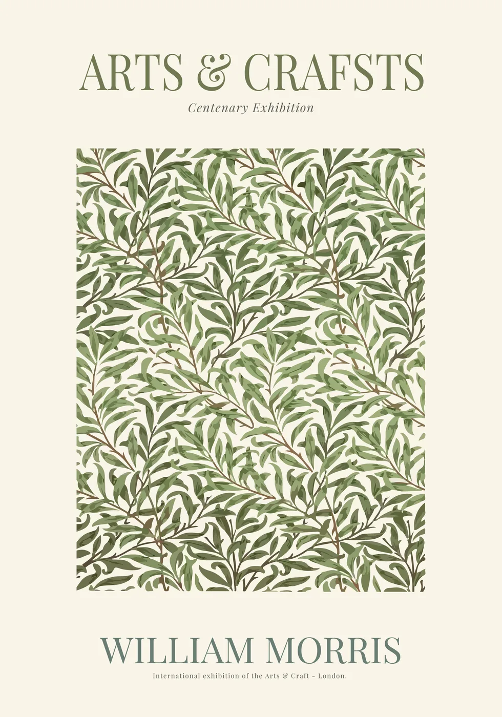 Vintage style William Morris botanical art nouveau poster with abundant interwoven leaves and blooms in warm amber, ochre and forest green.