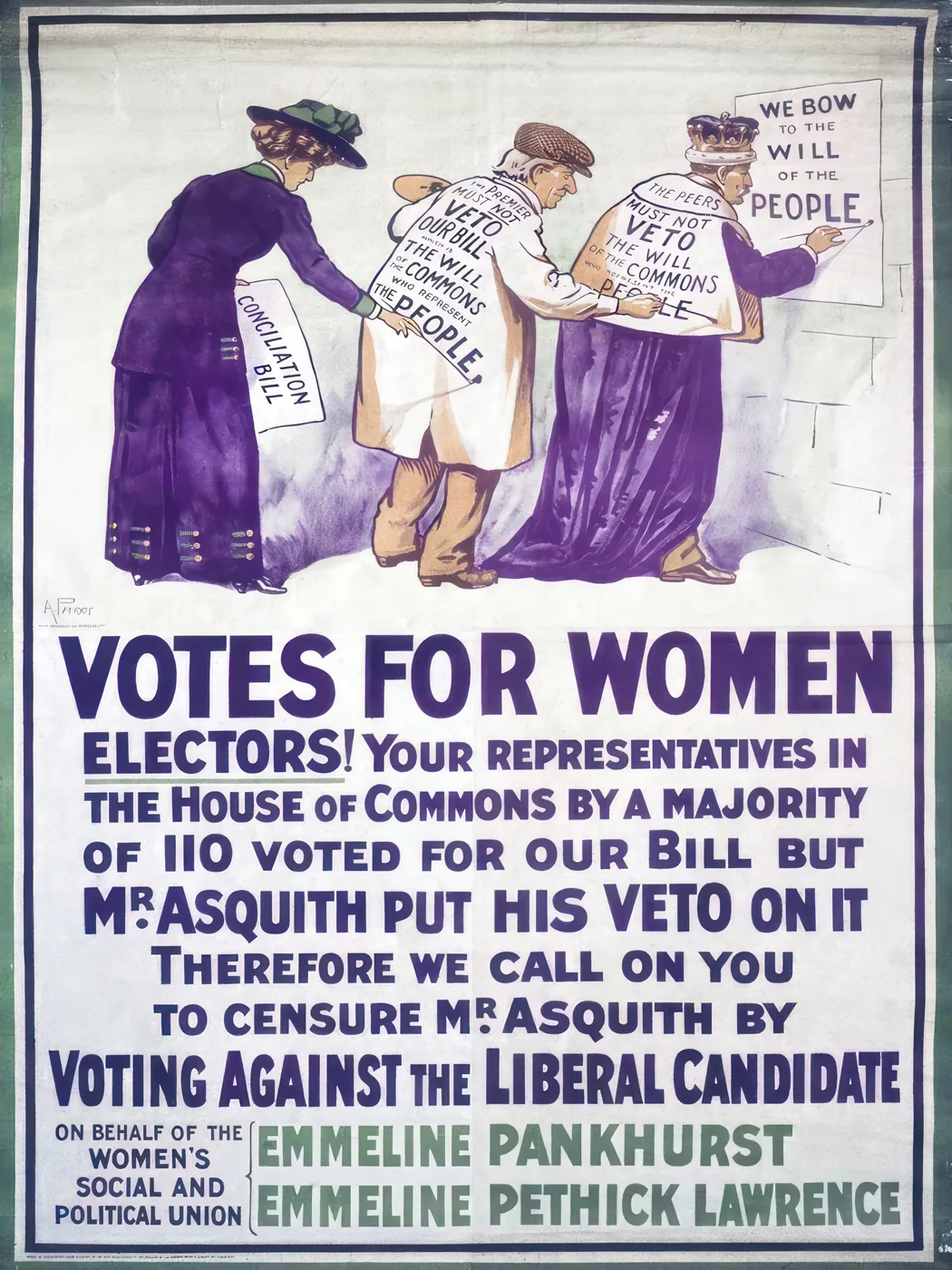 Purple and white Votes for Women suffragette poster with bold typography in the violet tones of the women's rights movement.