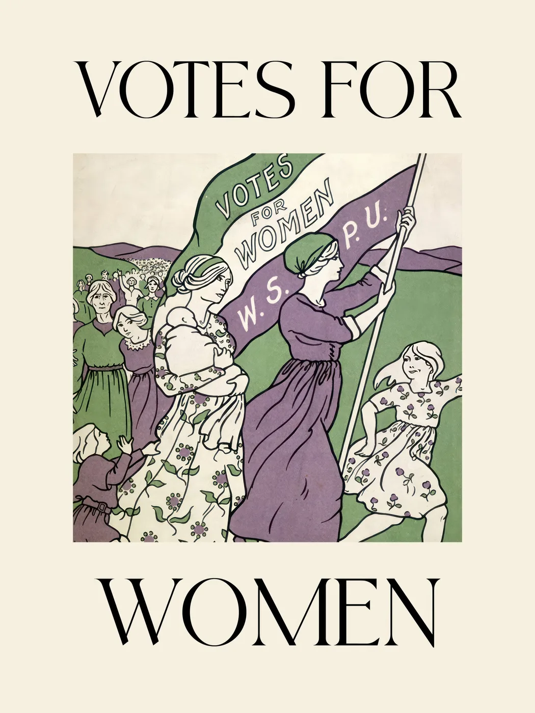 Modern minimalist Votes for Women poster with clean bold typography reinterpreting the classic suffragette protest design.