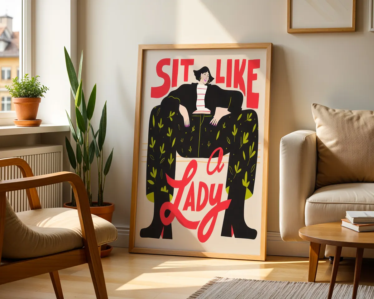 Bold feminist typography poster reading Sit Like a Lady with an illustrated seated woman in striking red, black and green. — photo 2