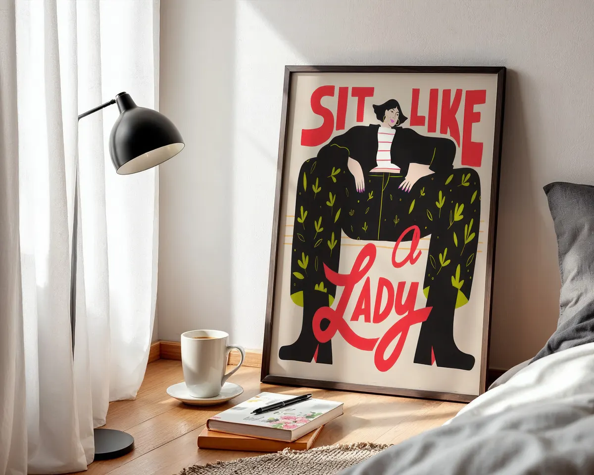 Bold feminist typography poster reading Sit Like a Lady with an illustrated seated woman in striking red, black and green. — photo 3
