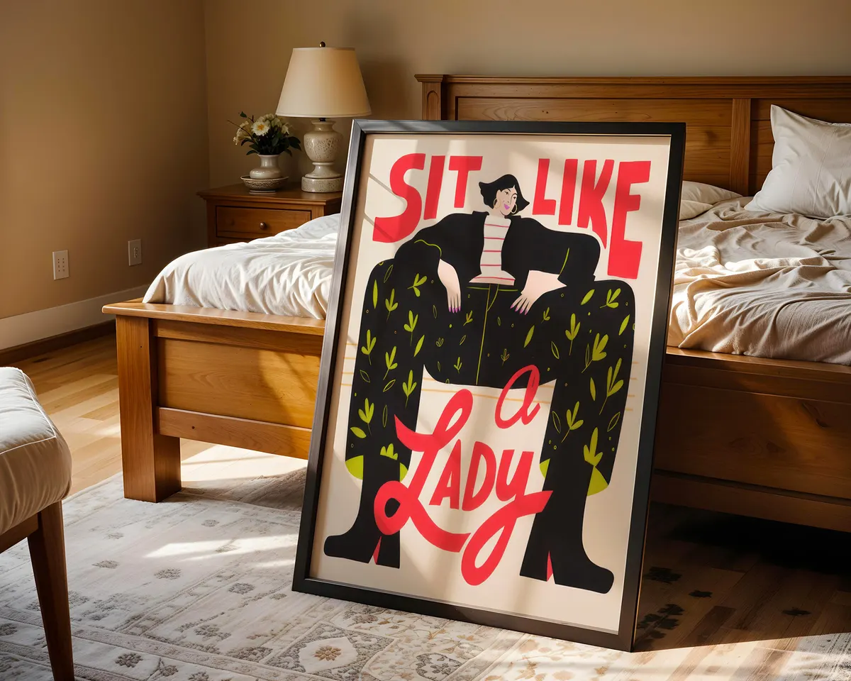 Bold feminist typography poster reading Sit Like a Lady with an illustrated seated woman in striking red, black and green. — photo 4