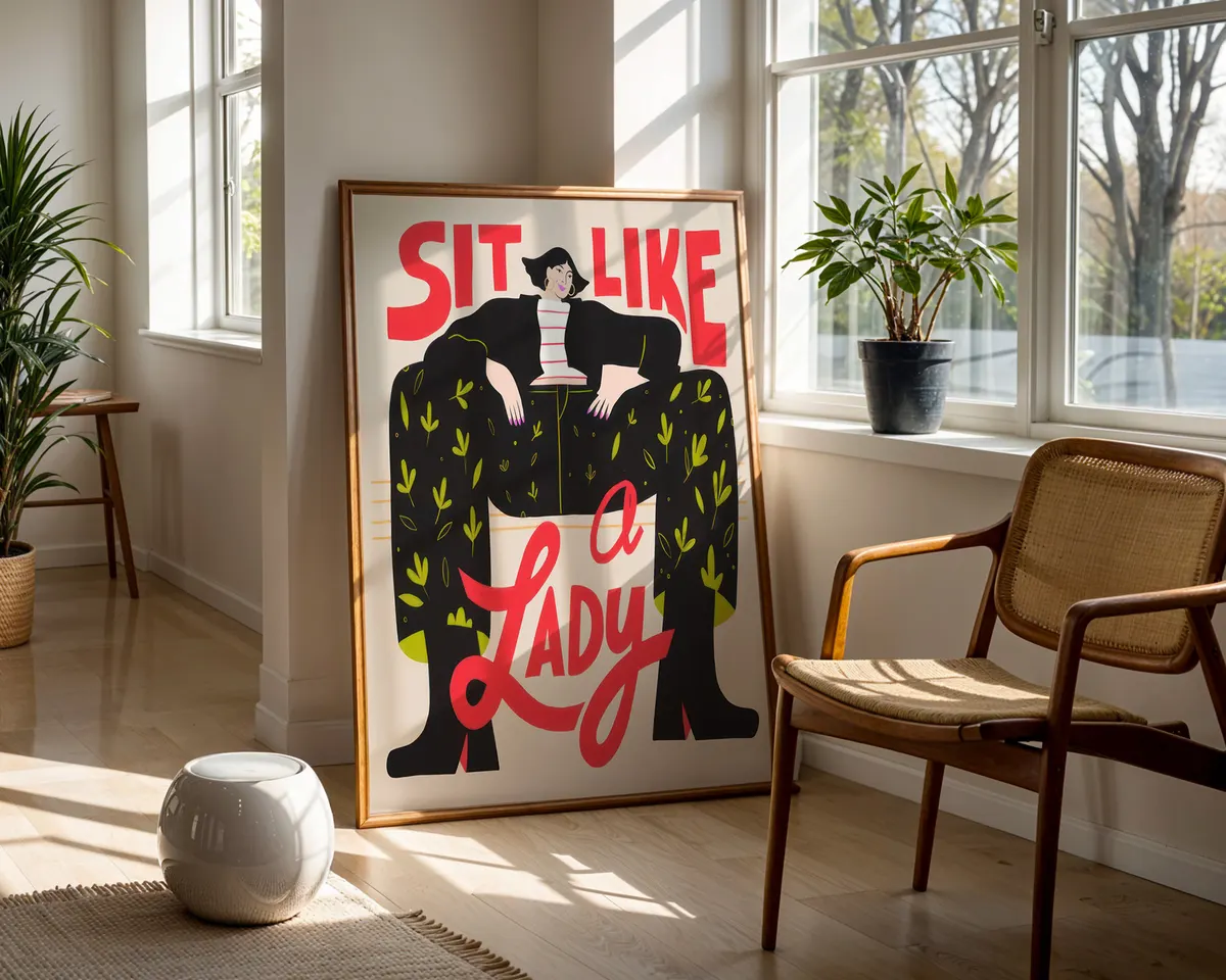 Bold feminist typography poster reading Sit Like a Lady with an illustrated seated woman in striking red, black and green. — photo 5
