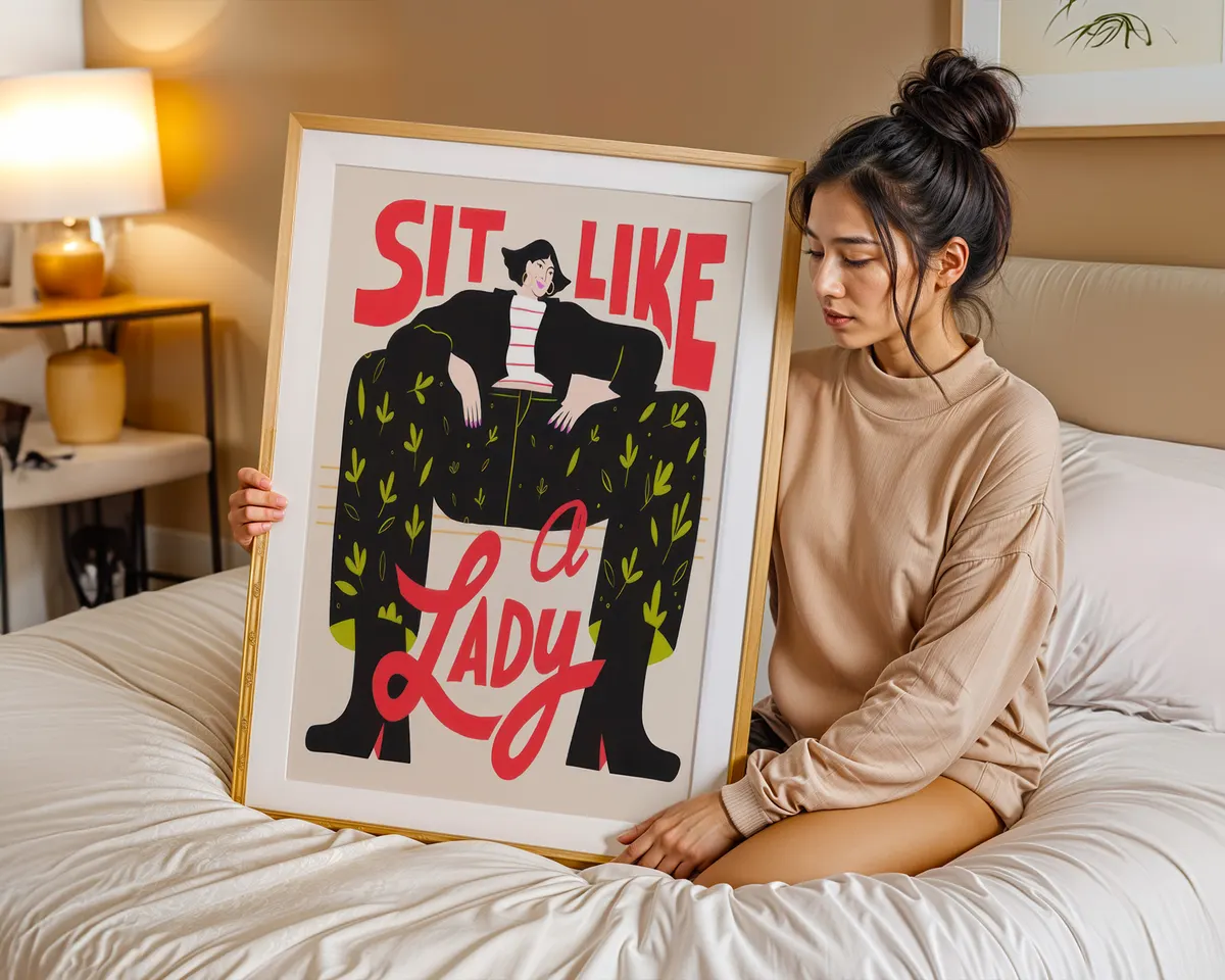 Bold feminist typography poster reading Sit Like a Lady with an illustrated seated woman in striking red, black and green. — photo 7