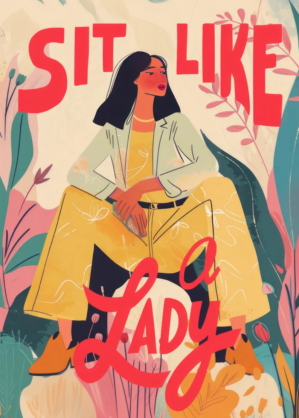 Feminist statement typography poster with a boldly illustrated woman seated freely in a high-contrast red and black design.