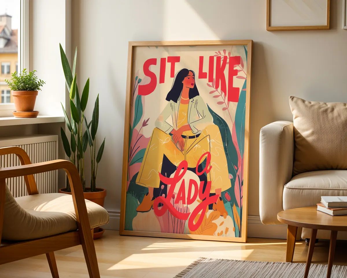 Feminist statement typography poster with a boldly illustrated woman seated freely in a high-contrast red and black design. — photo 2