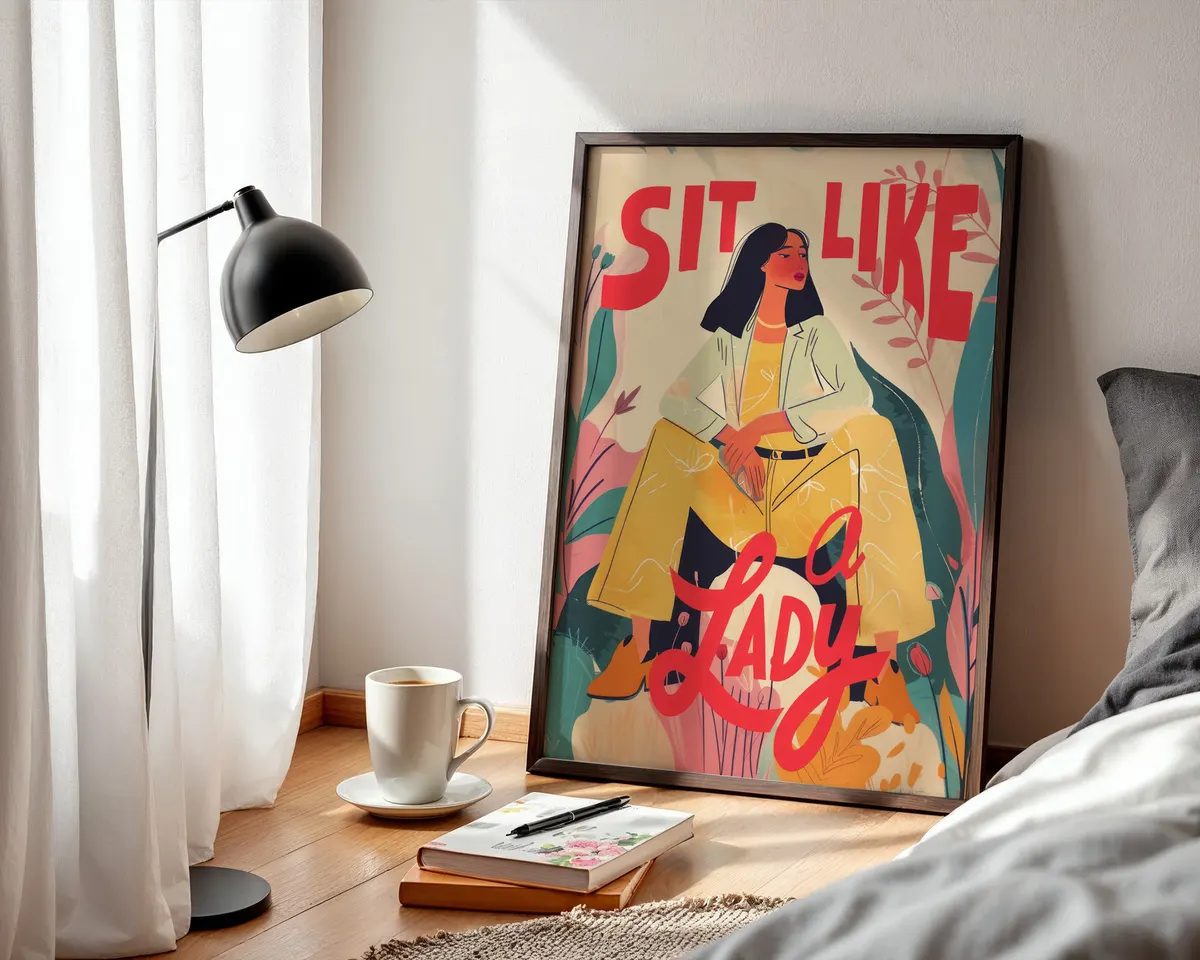 Feminist statement typography poster with a boldly illustrated woman seated freely in a high-contrast red and black design. — photo 3