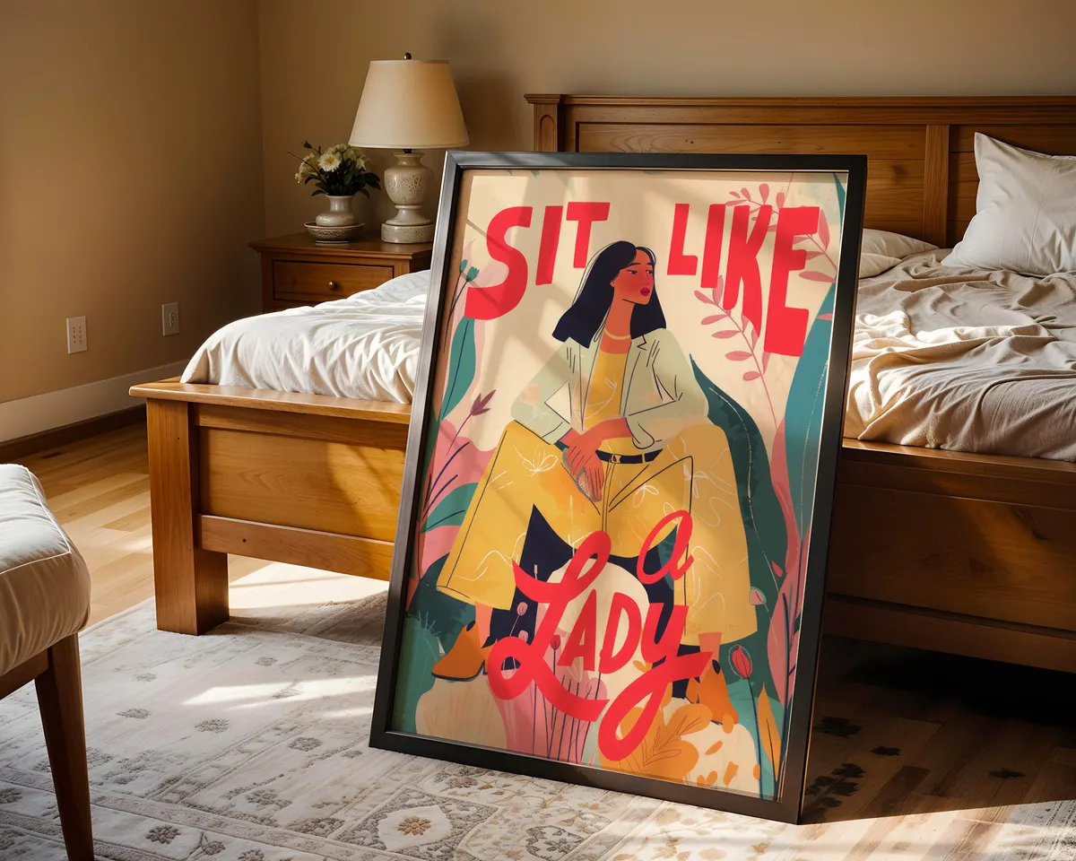 Feminist statement typography poster with a boldly illustrated woman seated freely in a high-contrast red and black design. — photo 4