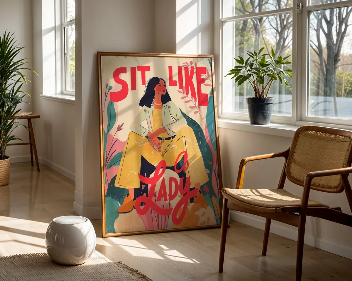 Feminist statement typography poster with a boldly illustrated woman seated freely in a high-contrast red and black design. — photo 5